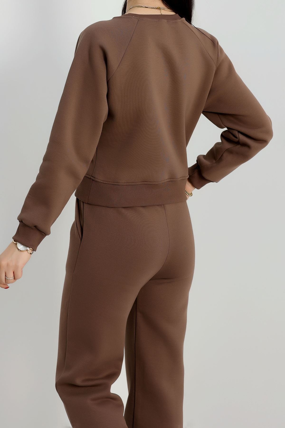 Bisiklet Yaka 3 İplik Sweat Kahve - 20958.1878.