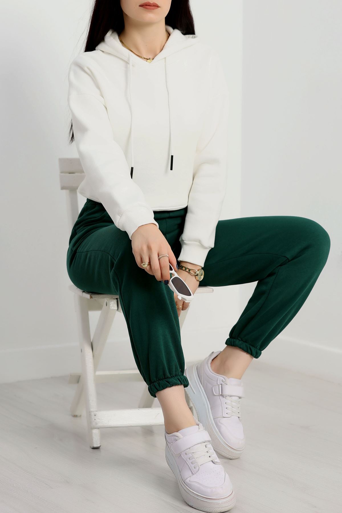 3 İplik Kapşonlu Crop Sweat Ekru - 20959.1878.