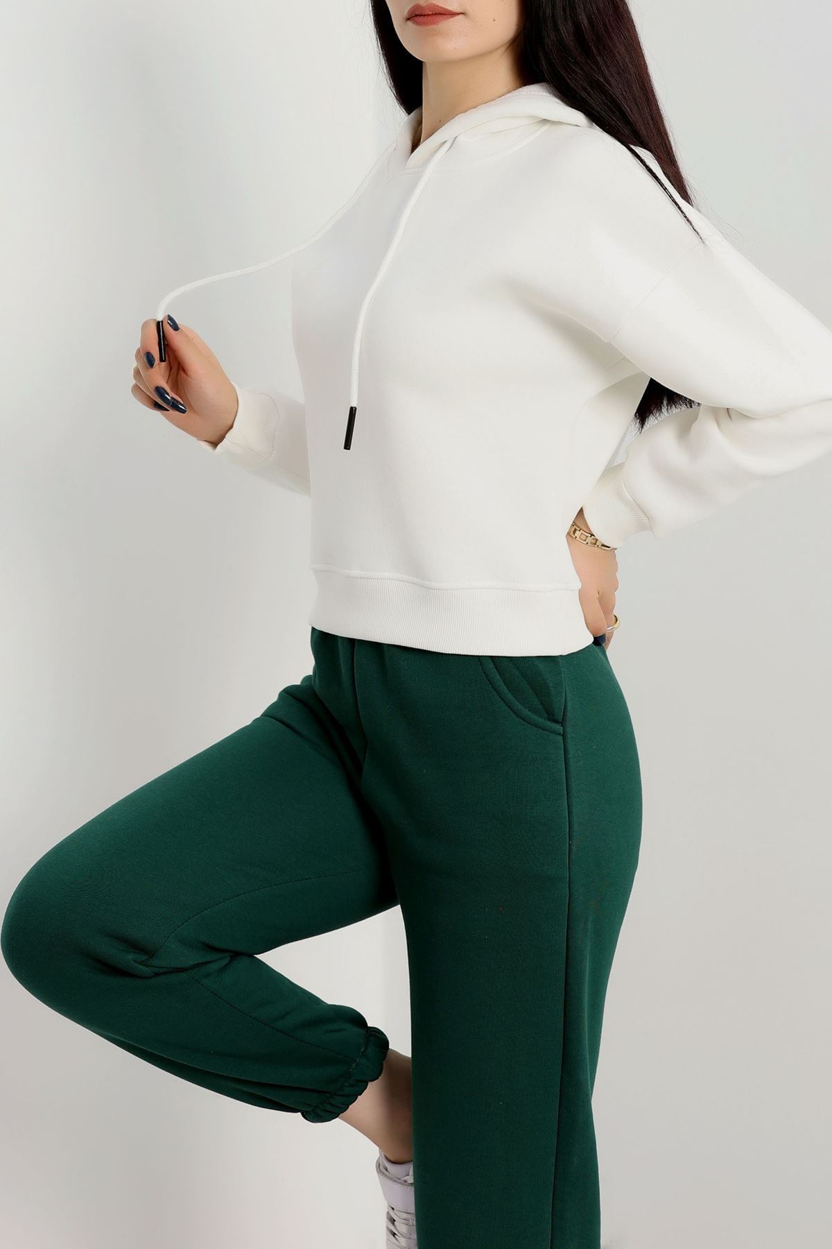 3 İplik Kapşonlu Crop Sweat Ekru - 20959.1878.