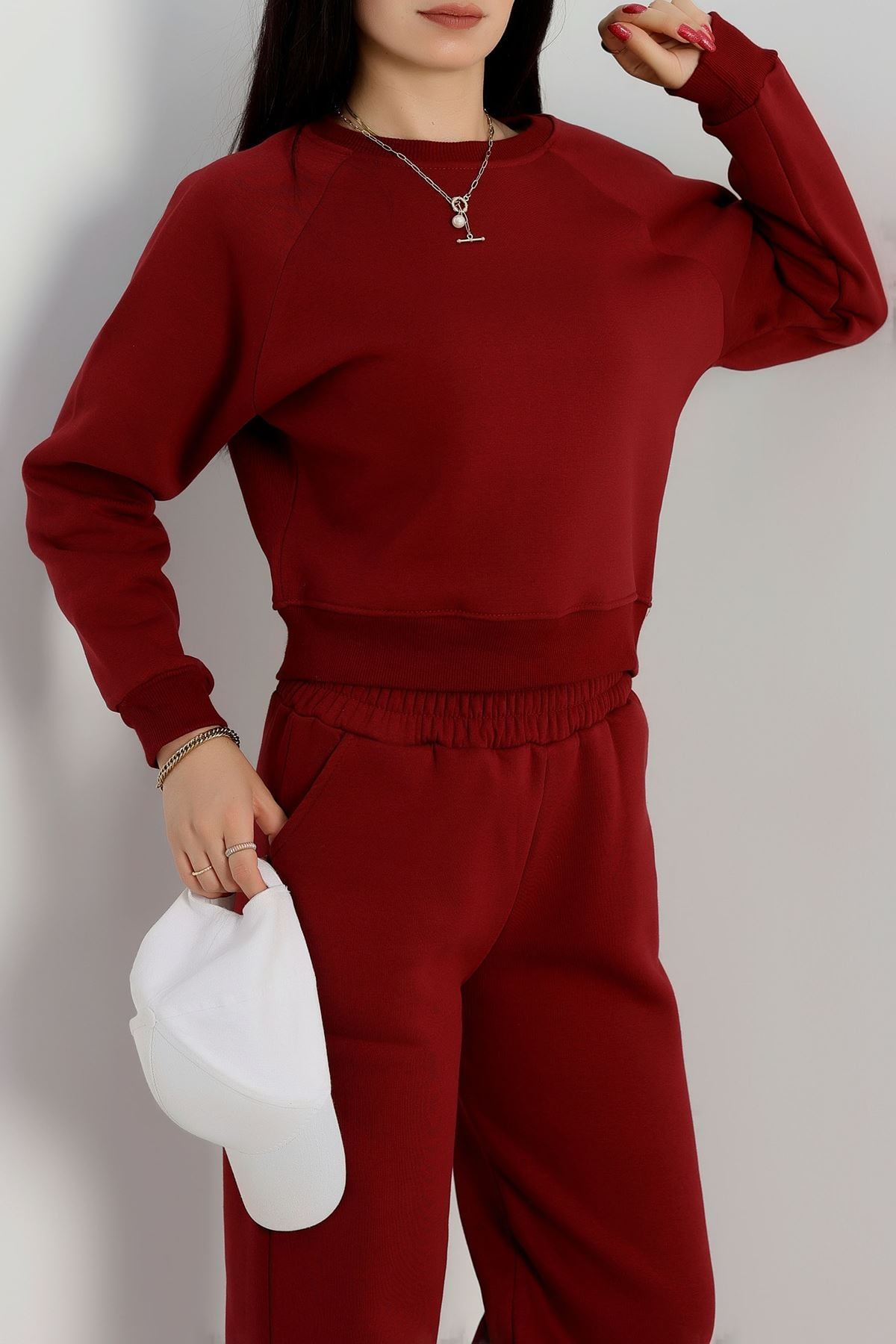 Bisiklet Yaka 3 İplik Sweat Bordo - 20958.1878.