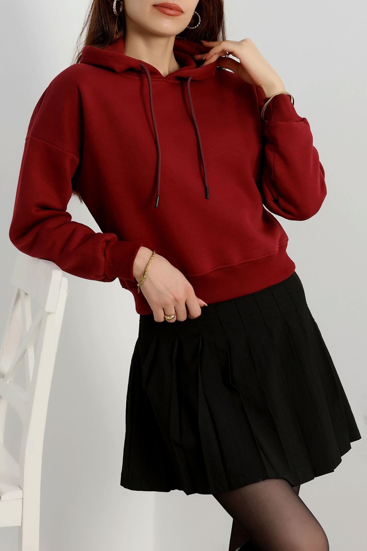 3 İplik Kapşonlu Crop Sweat Bordo - 20959.1878.