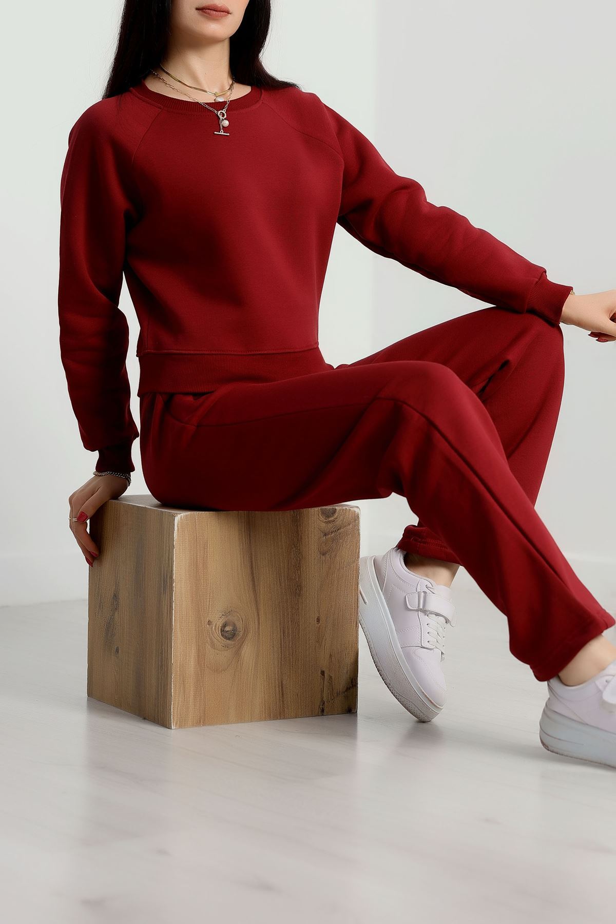 Bisiklet Yaka 3 İplik Sweat Bordo - 20958.1878.