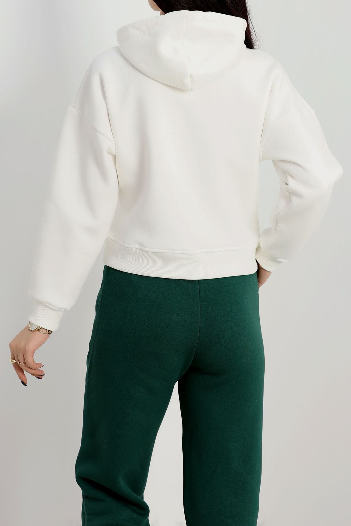 3 İplik Kapşonlu Crop Sweat Ekru - 20959.1878.