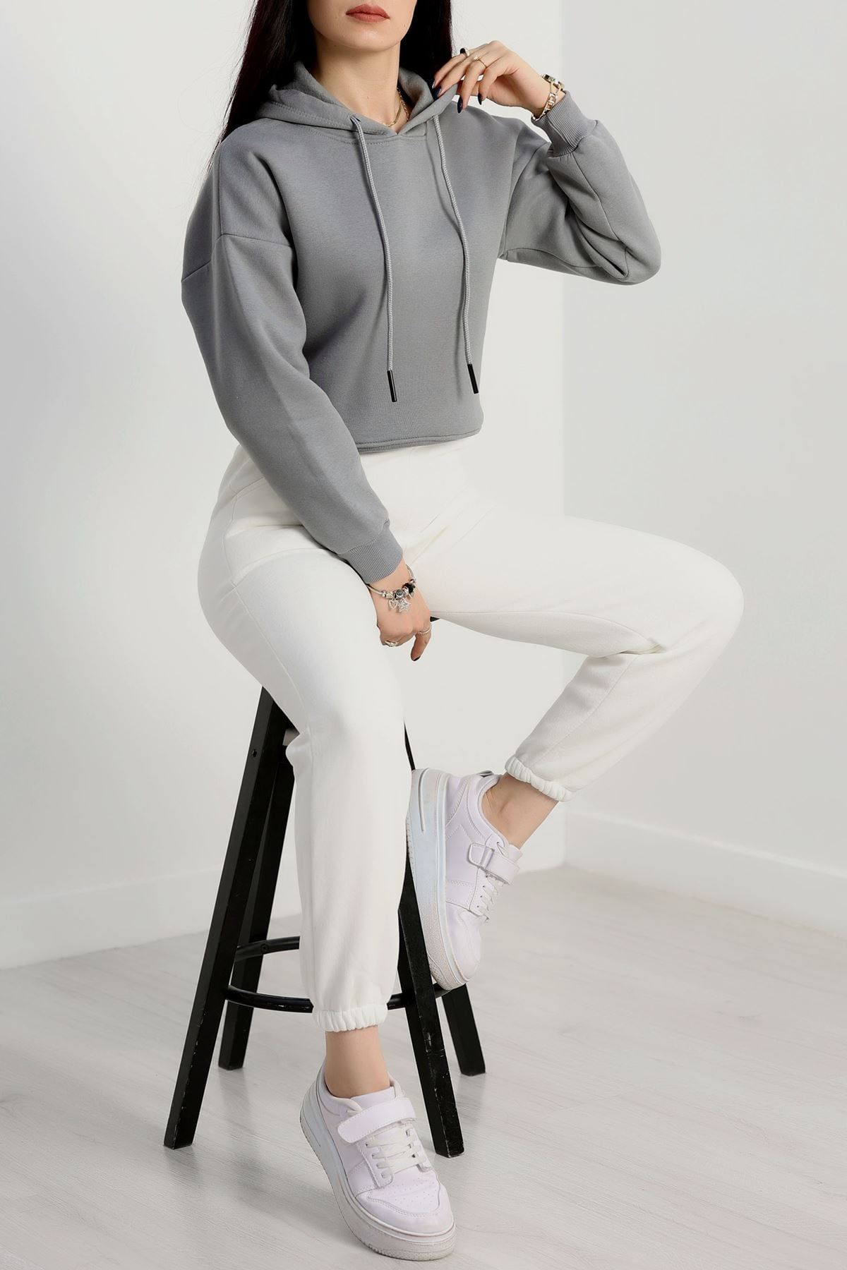 3 İplik Kapşonlu Crop Sweat Antrasit - 20959.1878.