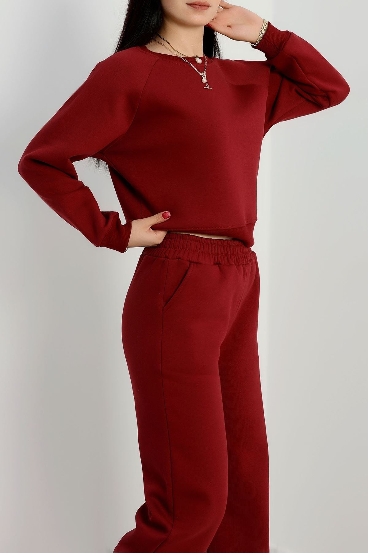 Bisiklet Yaka 3 İplik Sweat Bordo - 20958.1878.