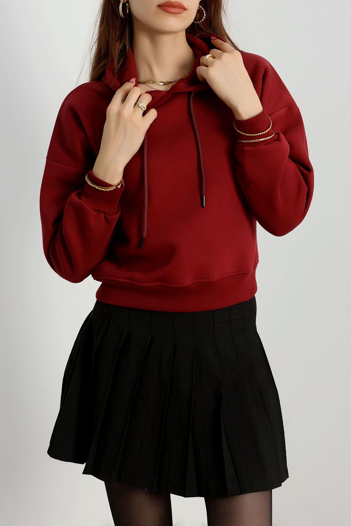 3 İplik Kapşonlu Crop Sweat Bordo - 20959.1878.
