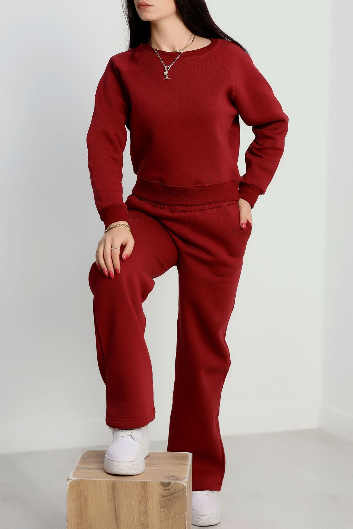 Bisiklet Yaka 3 İplik Sweat Bordo - 20958.1878.