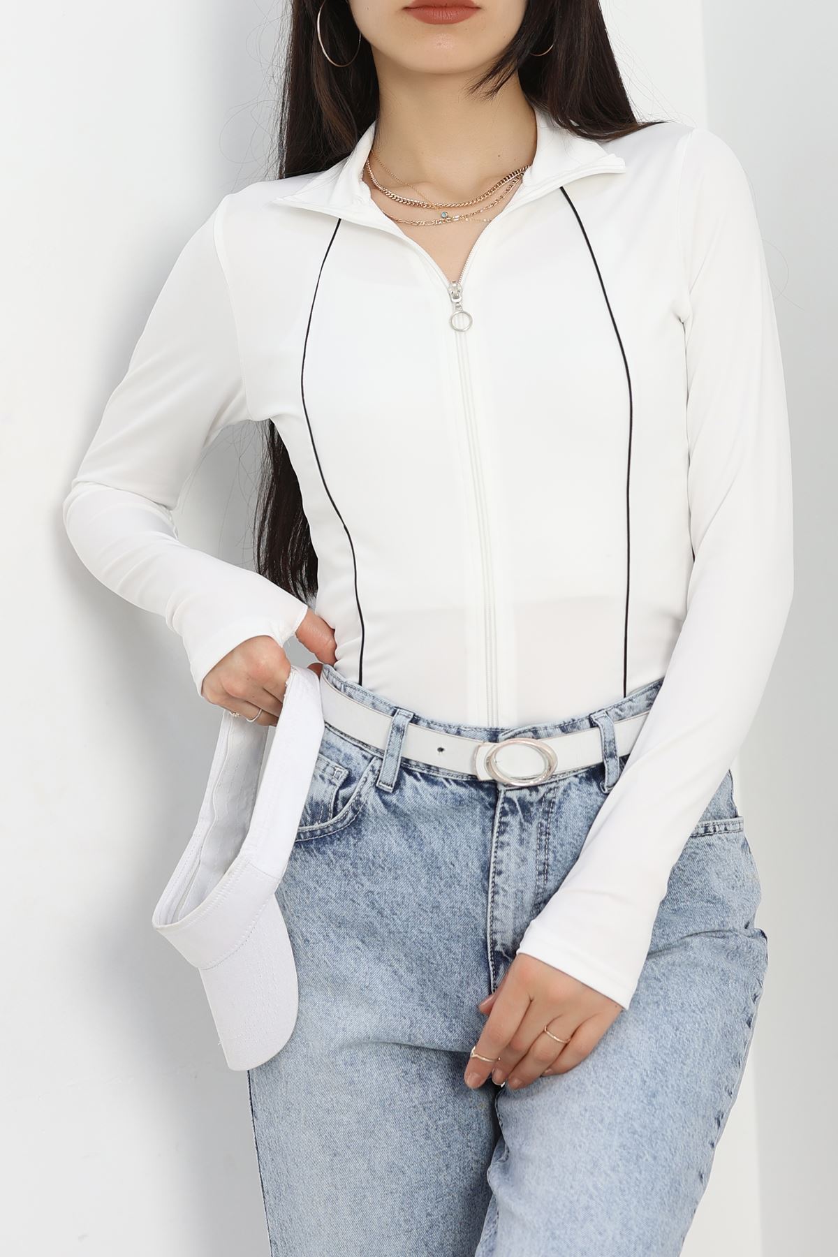 Biyeli Fermuarlı Dalgıç Body Ceket Beyaz - 50203.053.