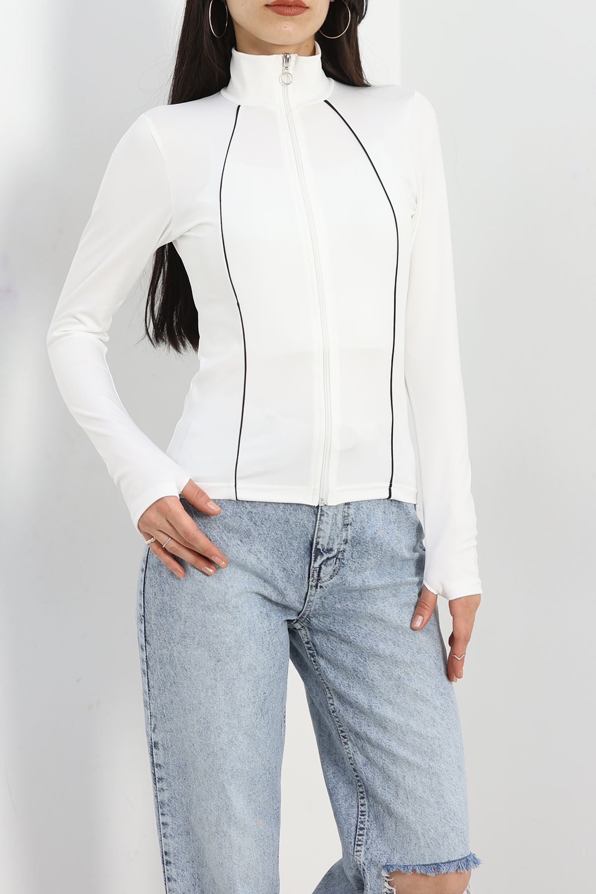 Biyeli Fermuarlı Dalgıç Body Ceket Beyaz - 50203.053.
