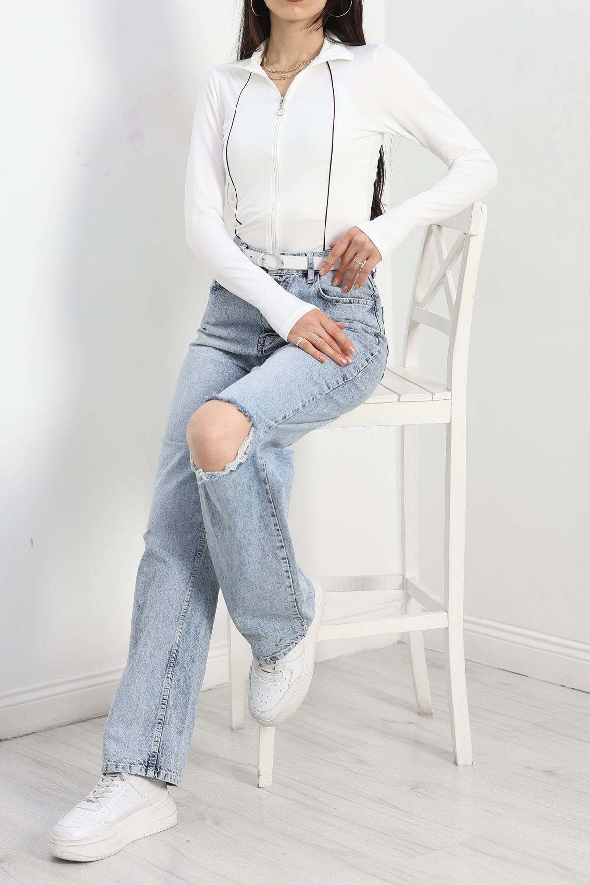 Biyeli Fermuarlı Dalgıç Body Ceket Beyaz - 50203.053.