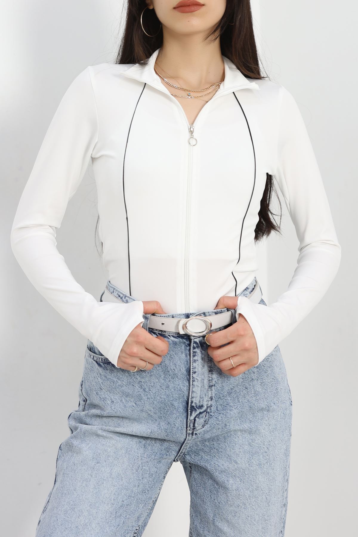 Biyeli Fermuarlı Dalgıç Body Ceket Beyaz - 50203.053.