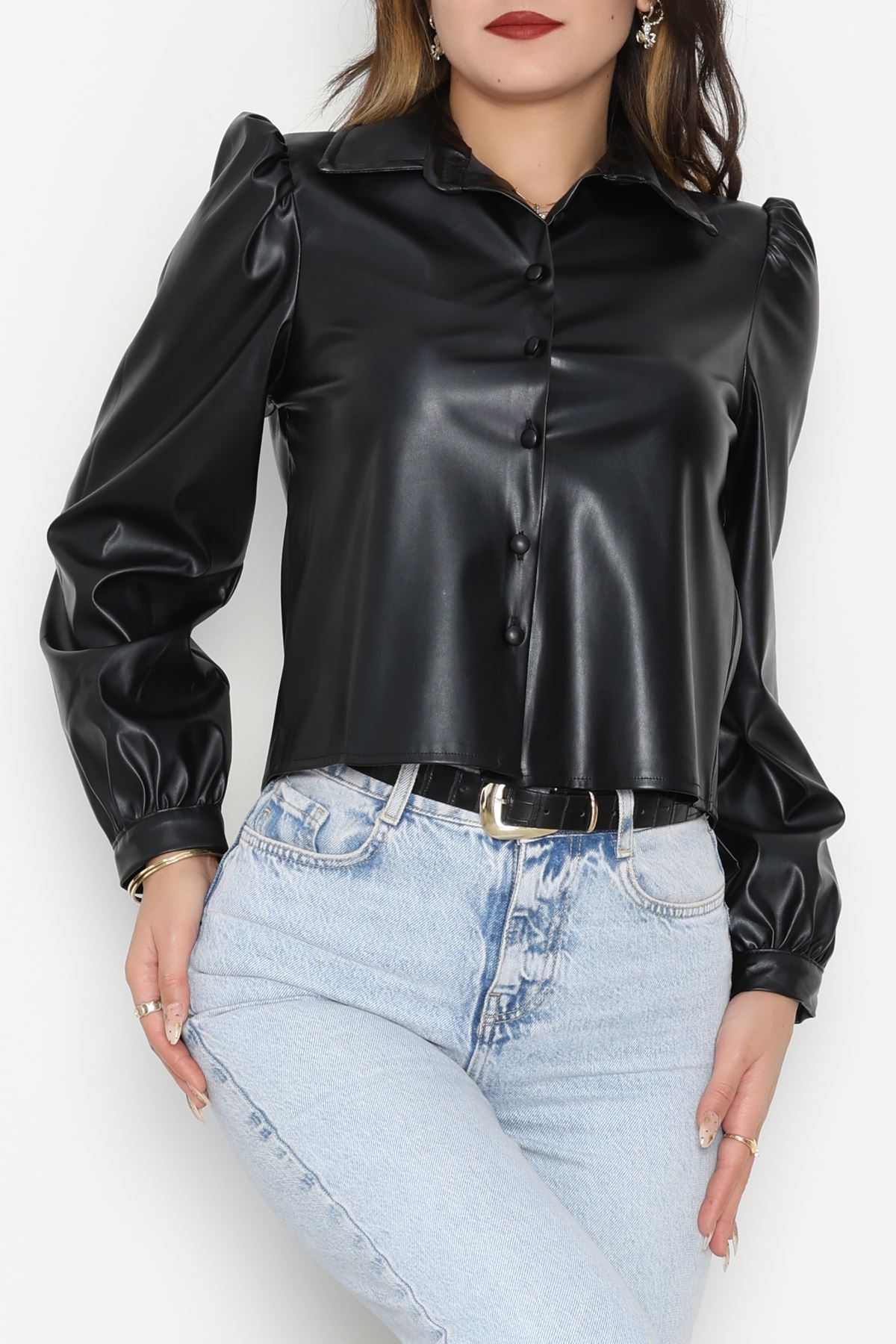 Deri Düğmeli Gömlek Siyah - 51076.Pu.