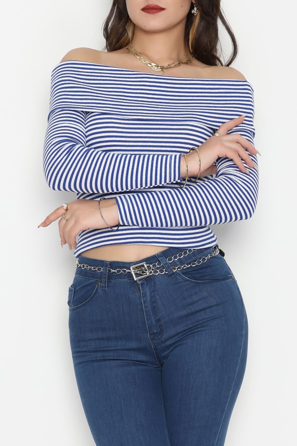 Madonna Yaka Likralı Kaşkorse Bluz Saksbeyaz - 42765.1567.