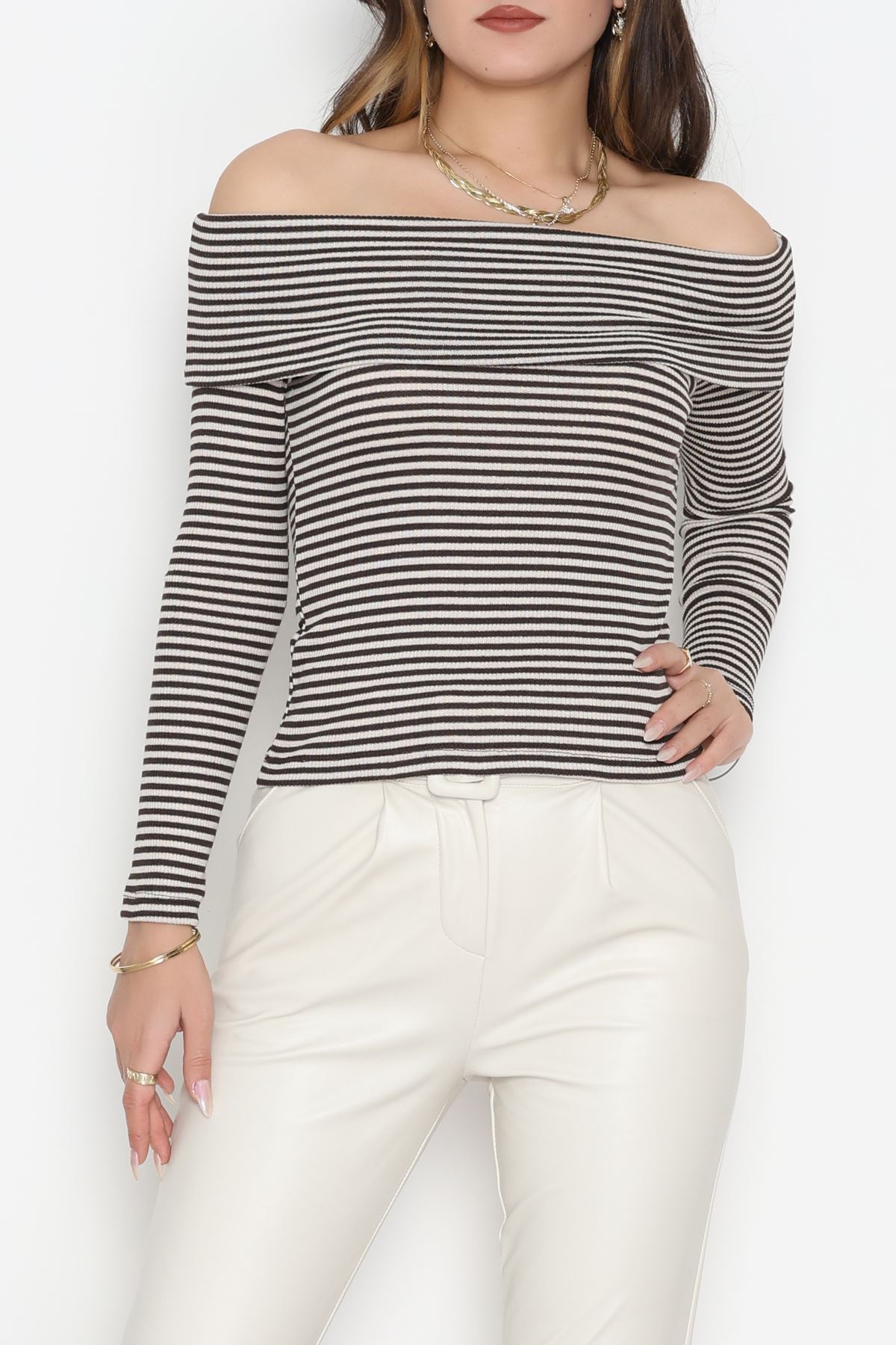 Madonna Yaka Likralı Kaşkorse Bluz Kahvebeyaz - 42765.1567.