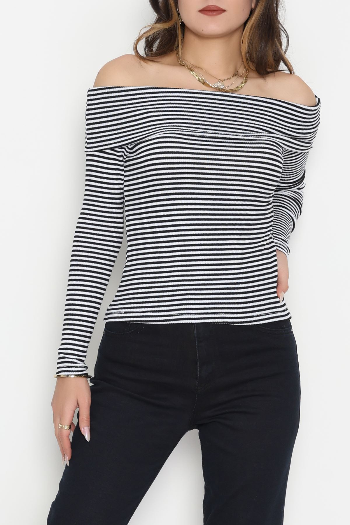 Madonna Yaka Likralı Kaşkorse Bluz Siyahbeyaz - 42765.1567.