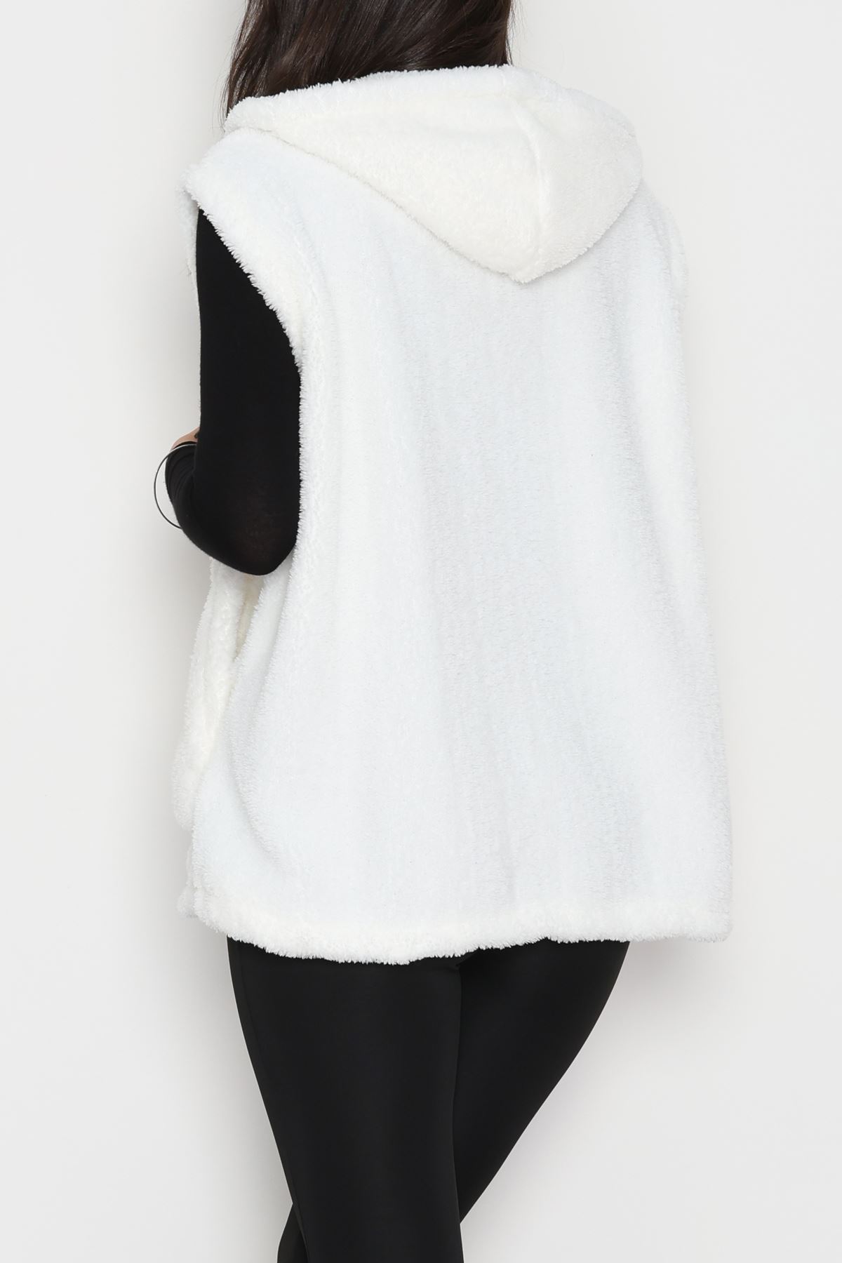 Fermuarlı Kapşonlu Peluş Yelek Beyaz - 51059.701.