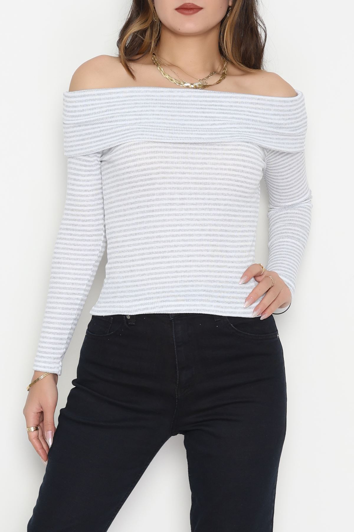 Madonna Yaka Likralı Kaşkorse Bluz Gribeyaz - 42765.1567.