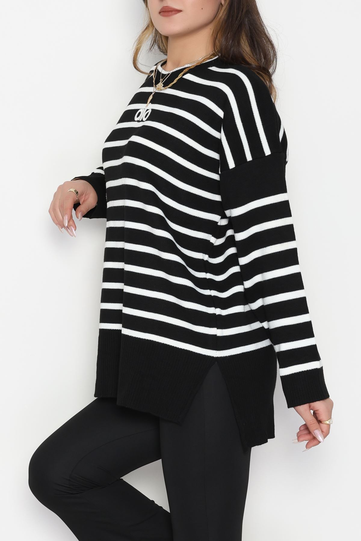 Çizgili Nakışlı Triko Tunik Siyah - 4041.1247.