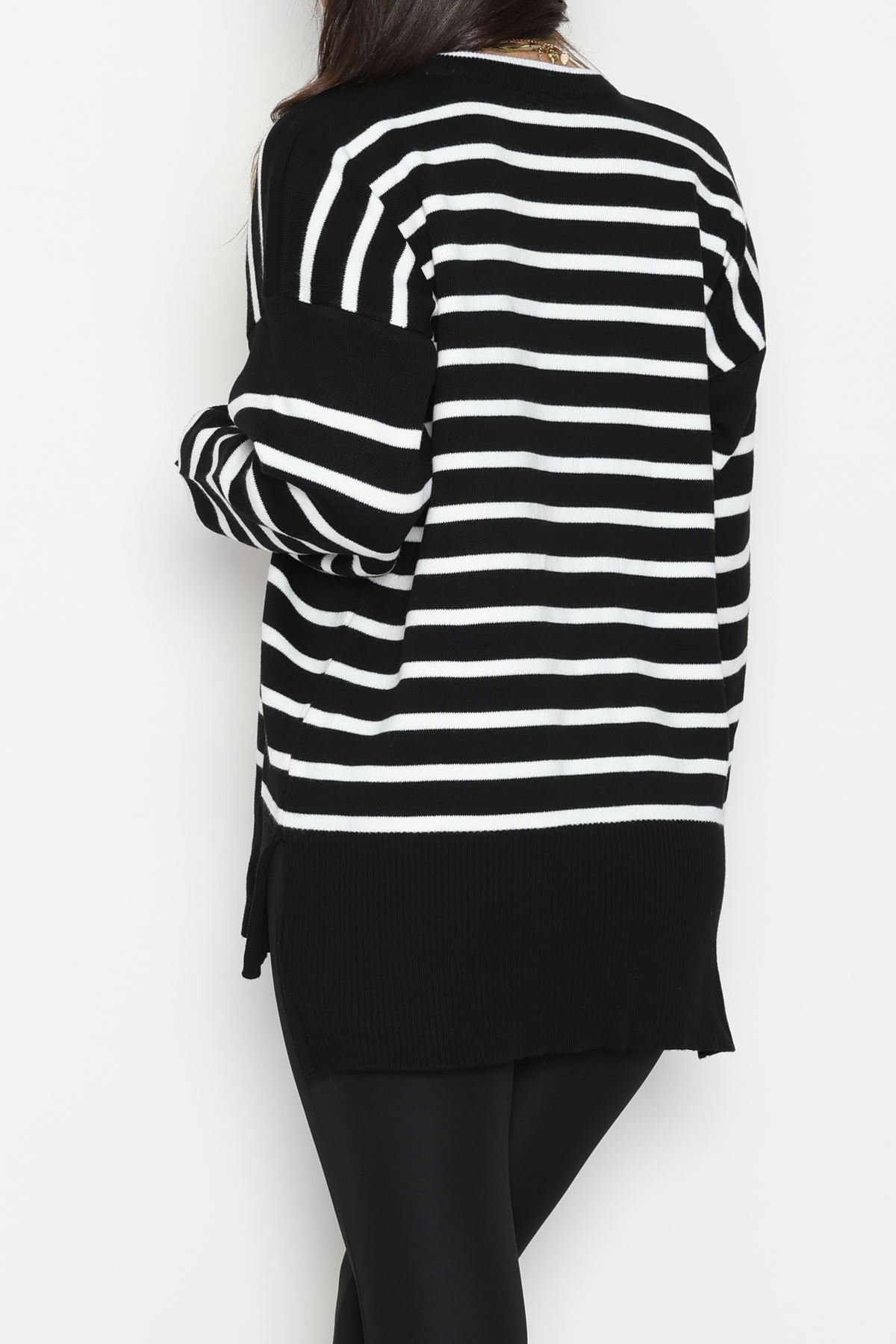 Çizgili Nakışlı Triko Tunik Siyah - 4041.1247.