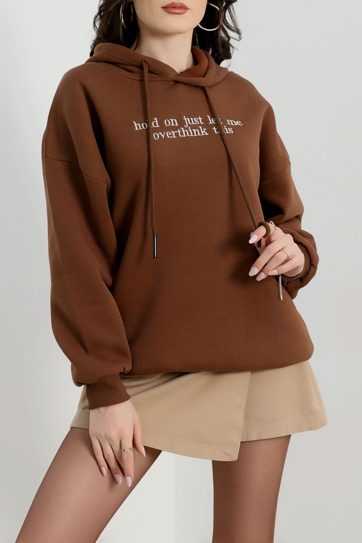 3 İplik Kapşonlu Nakışlı Sweat Kahvebej - 42221.1878.