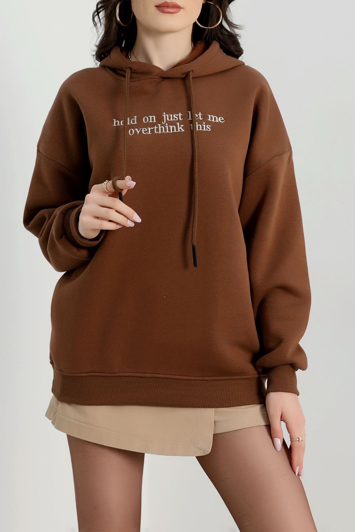 3 İplik Kapşonlu Nakışlı Sweat Kahvebej - 42221.1878.