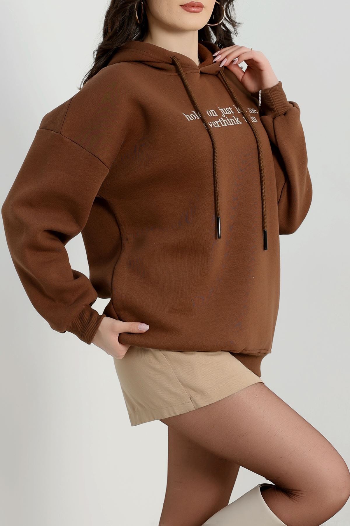 3 İplik Kapşonlu Nakışlı Sweat Kahvebej - 42221.1878.