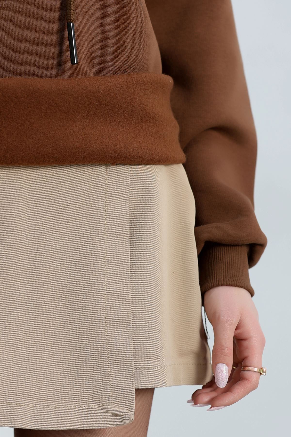 3 İplik Kapşonlu Nakışlı Sweat Kahvebej - 42221.1878.