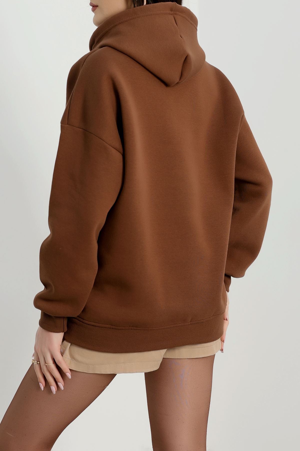 3 İplik Kapşonlu Nakışlı Sweat Kahvebej - 42221.1878.