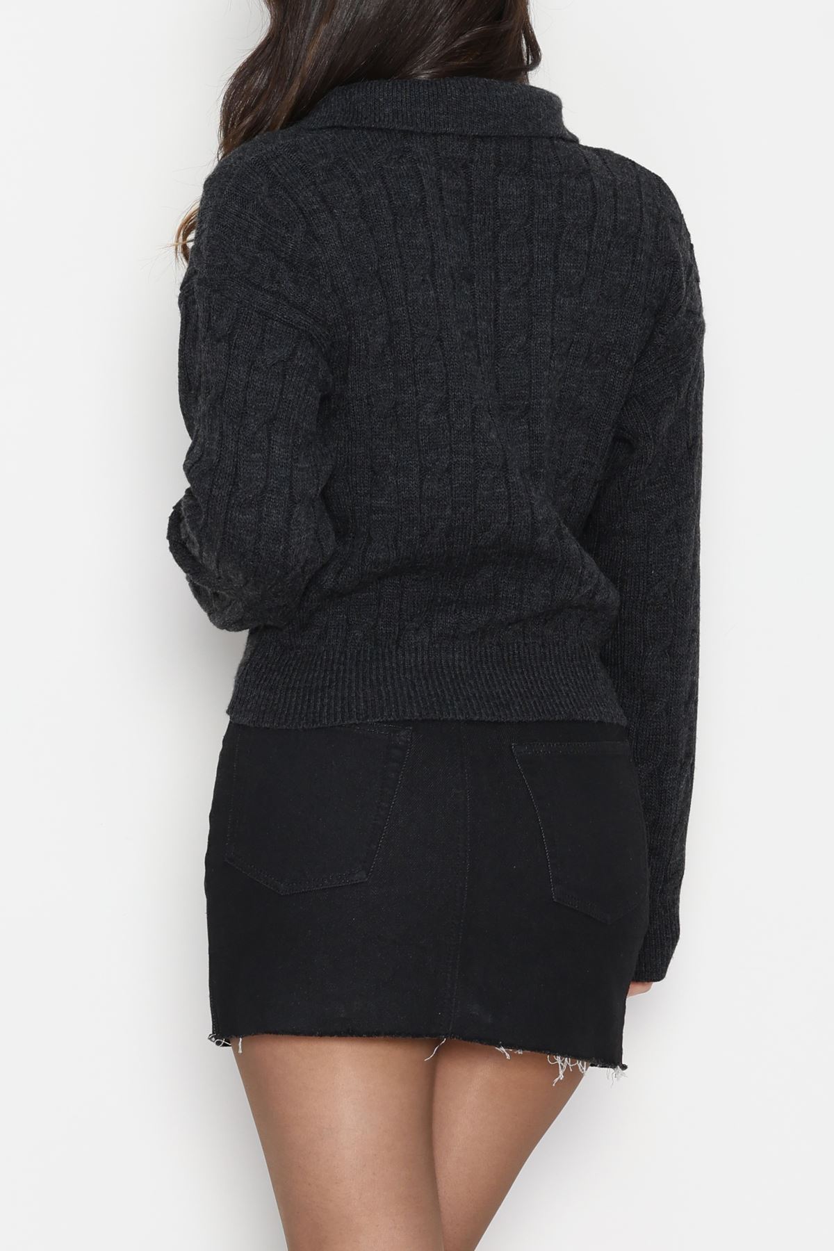 Saç Örgü Nakışlı Triko Kazak Antrasit - 2162.1247.