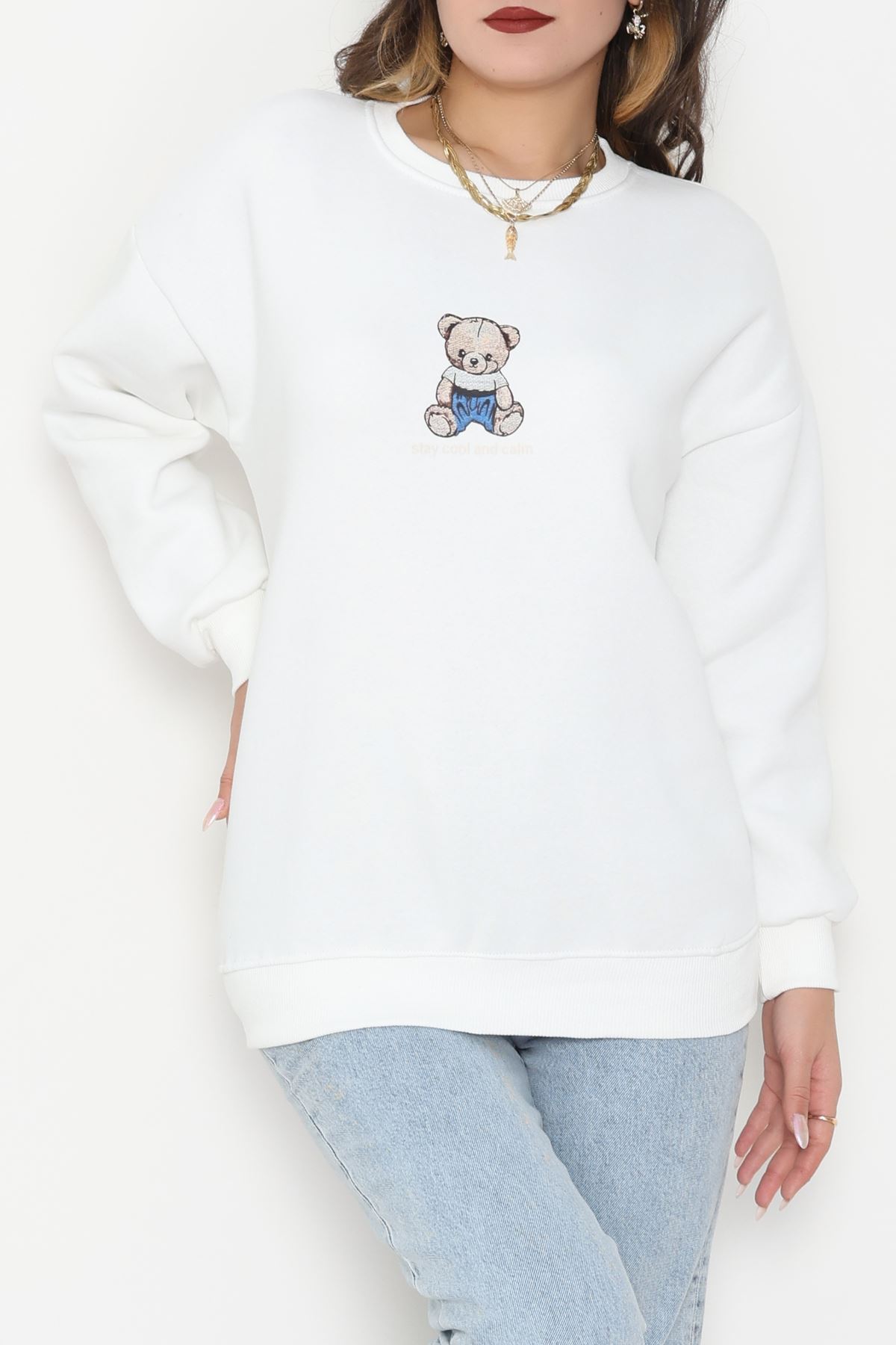 3 İplik Bisiklet Yaka Sweat Ekru - 42237.1878.