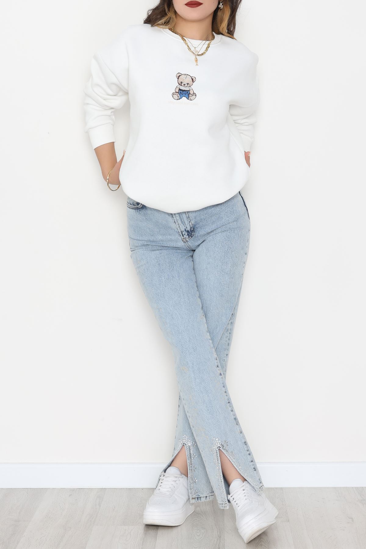 3 İplik Bisiklet Yaka Sweat Ekru - 42237.1878.