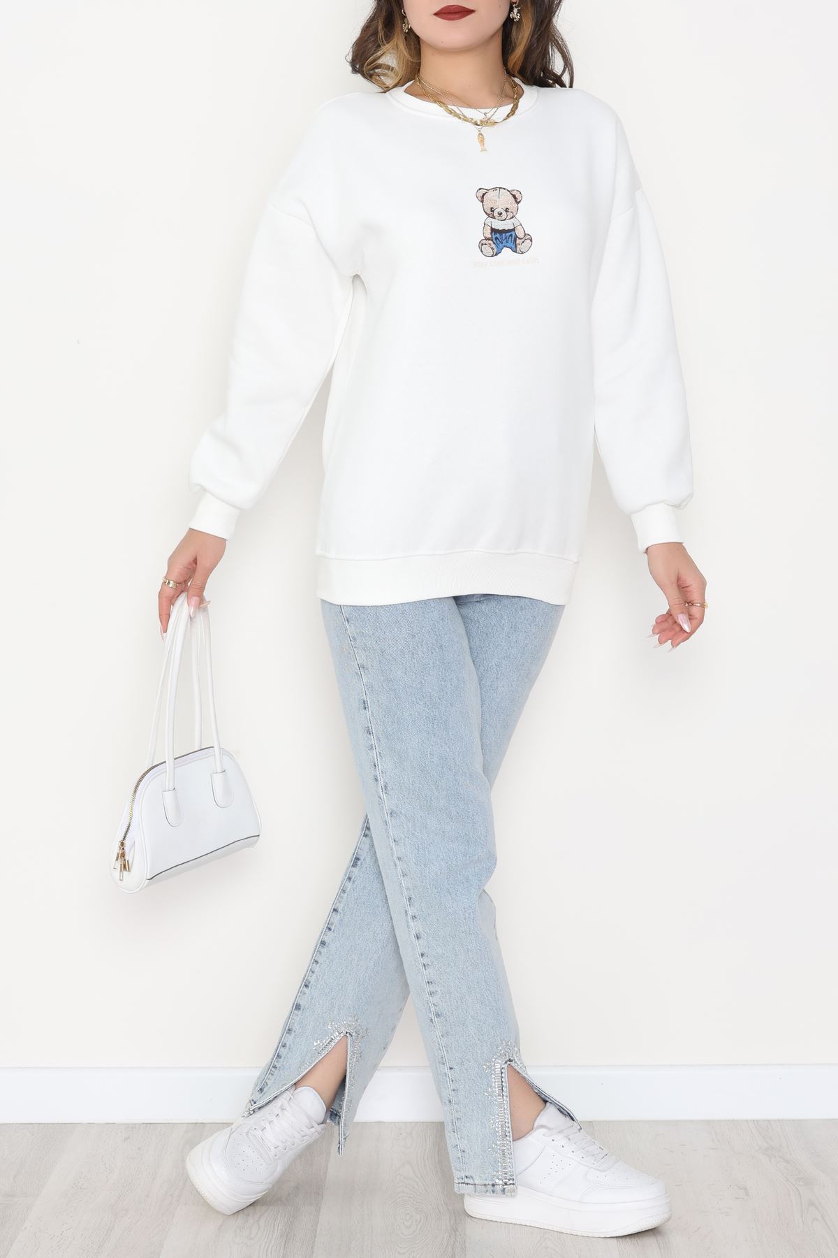 3 İplik Bisiklet Yaka Sweat Ekru - 42237.1878.