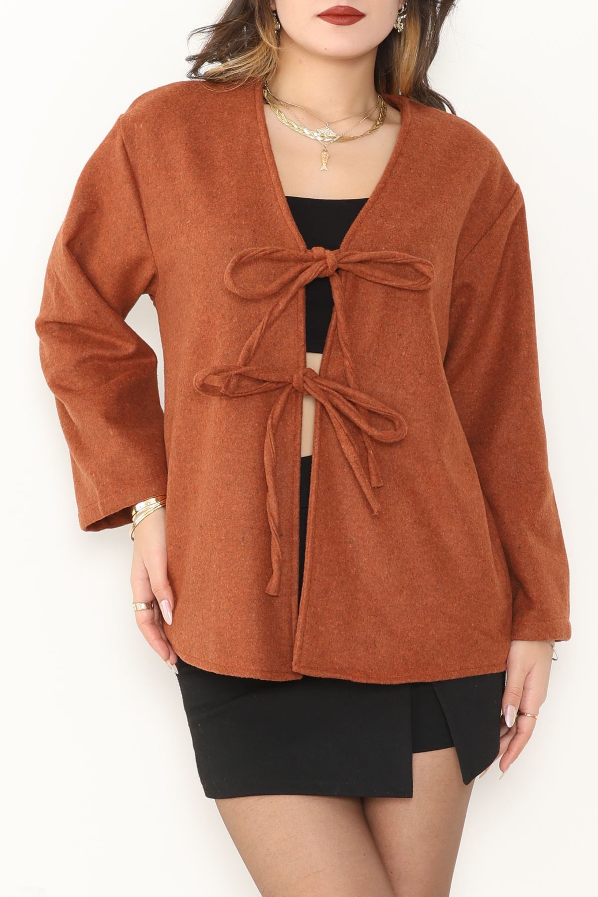 Önü Bağcıklı Kaşe Hırka Kiremit - 70995.1775.