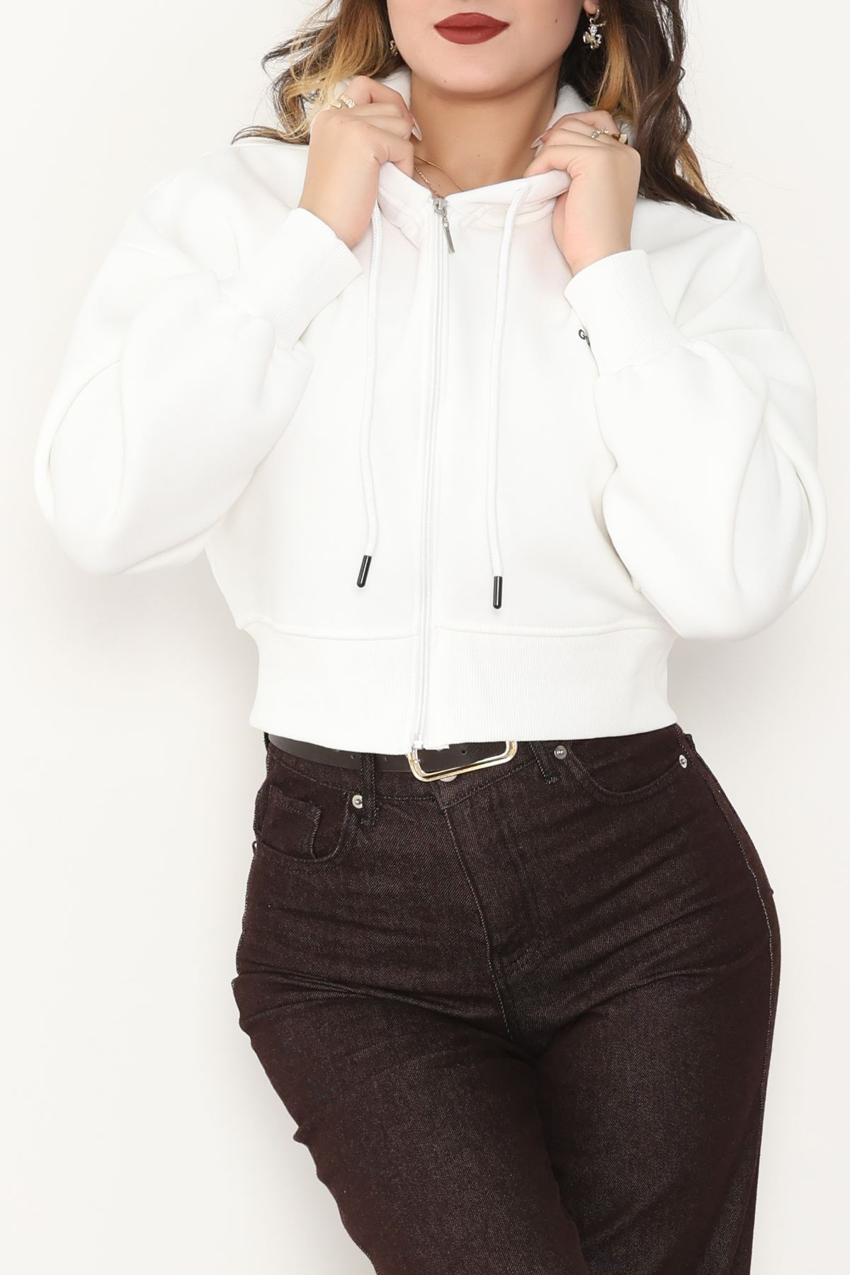 3 İplik Oversize Fermuarlı Sweat Ekru - 42501.1878.