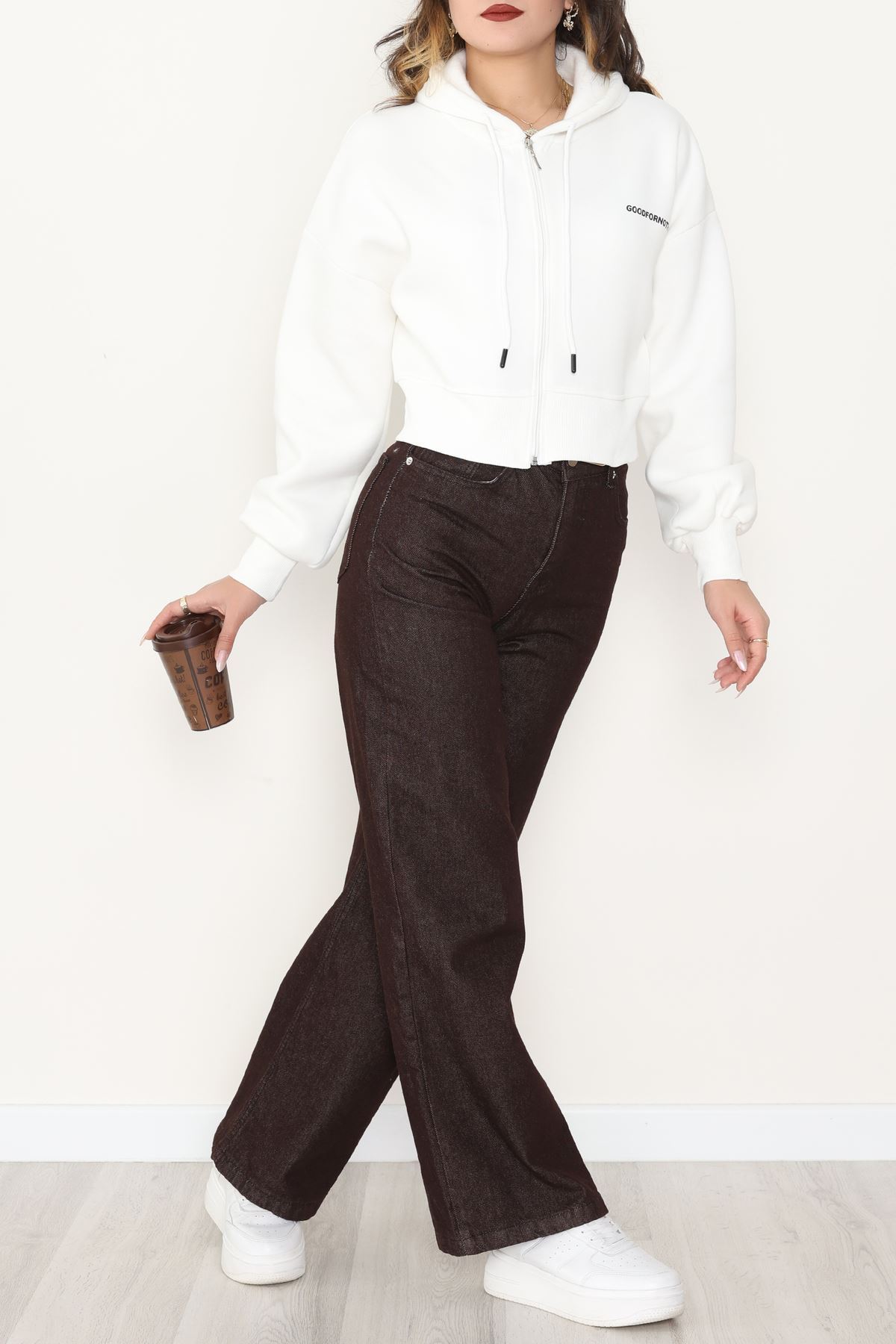 3 İplik Oversize Fermuarlı Sweat Ekru - 42501.1878.