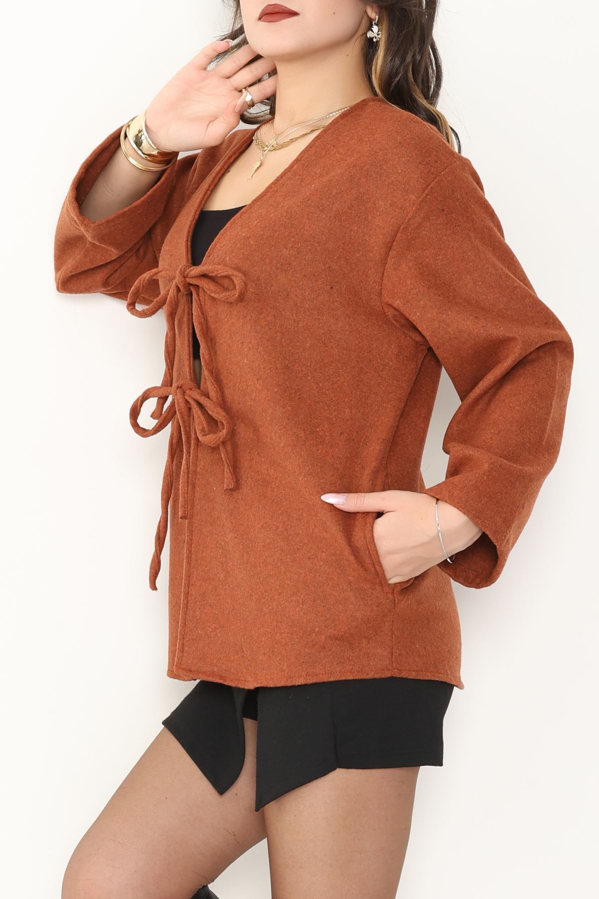 Önü Bağcıklı Kaşe Hırka Kiremit - 70995.1775.