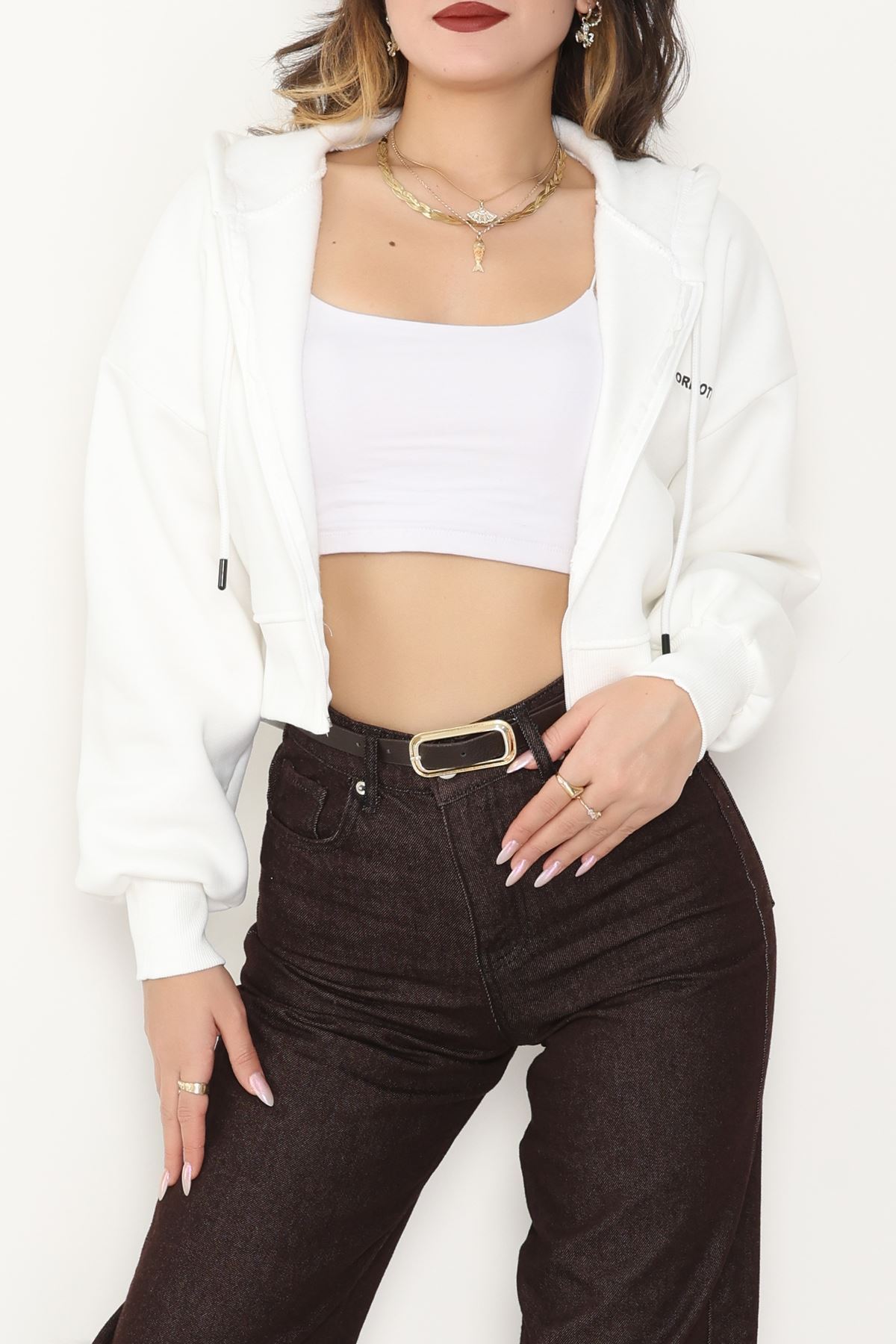 3 İplik Oversize Fermuarlı Sweat Ekru - 42501.1878.