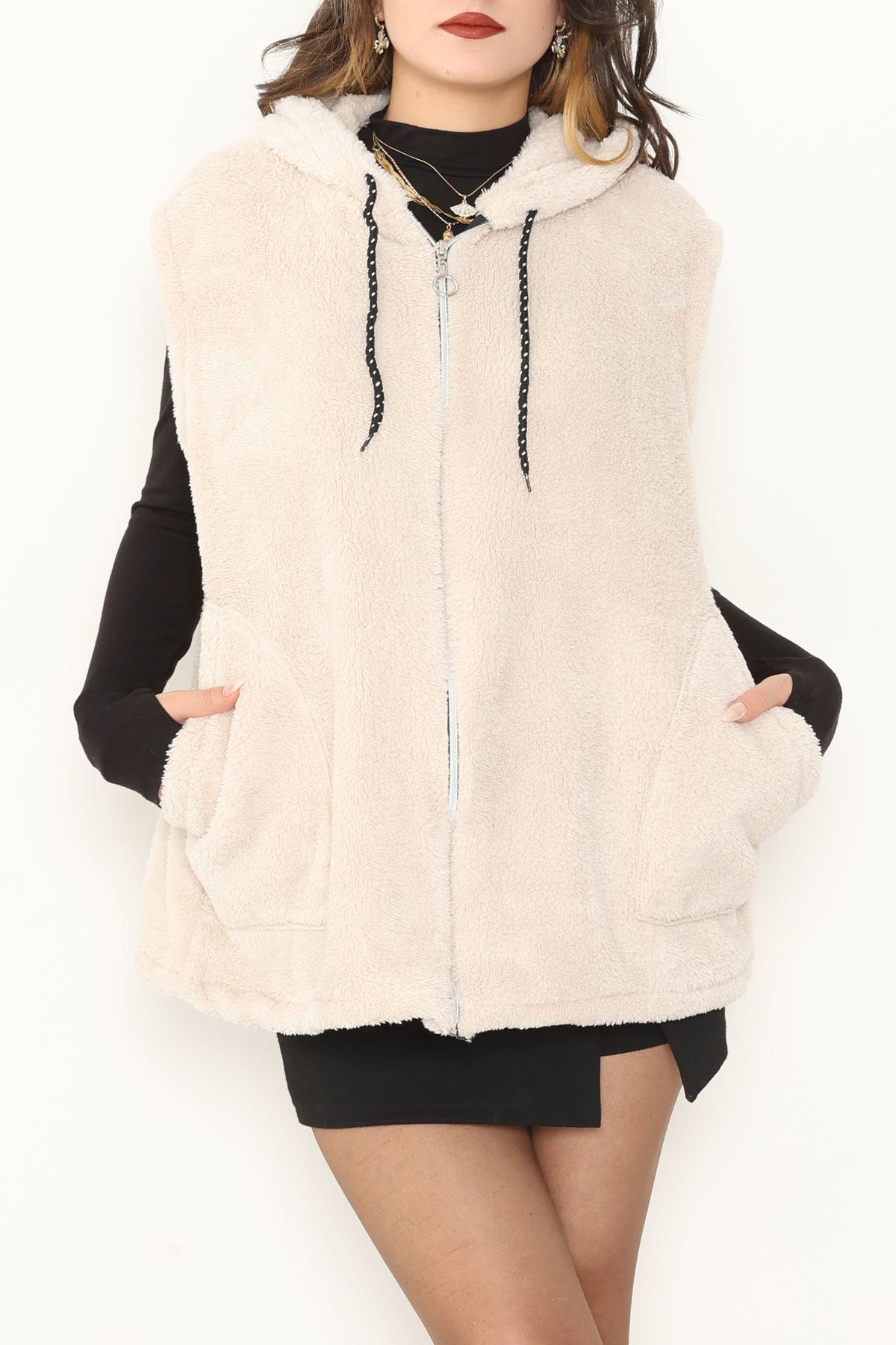 Fermuarlı Kapşonlu Peluş Yelek Taş - 51059.701.