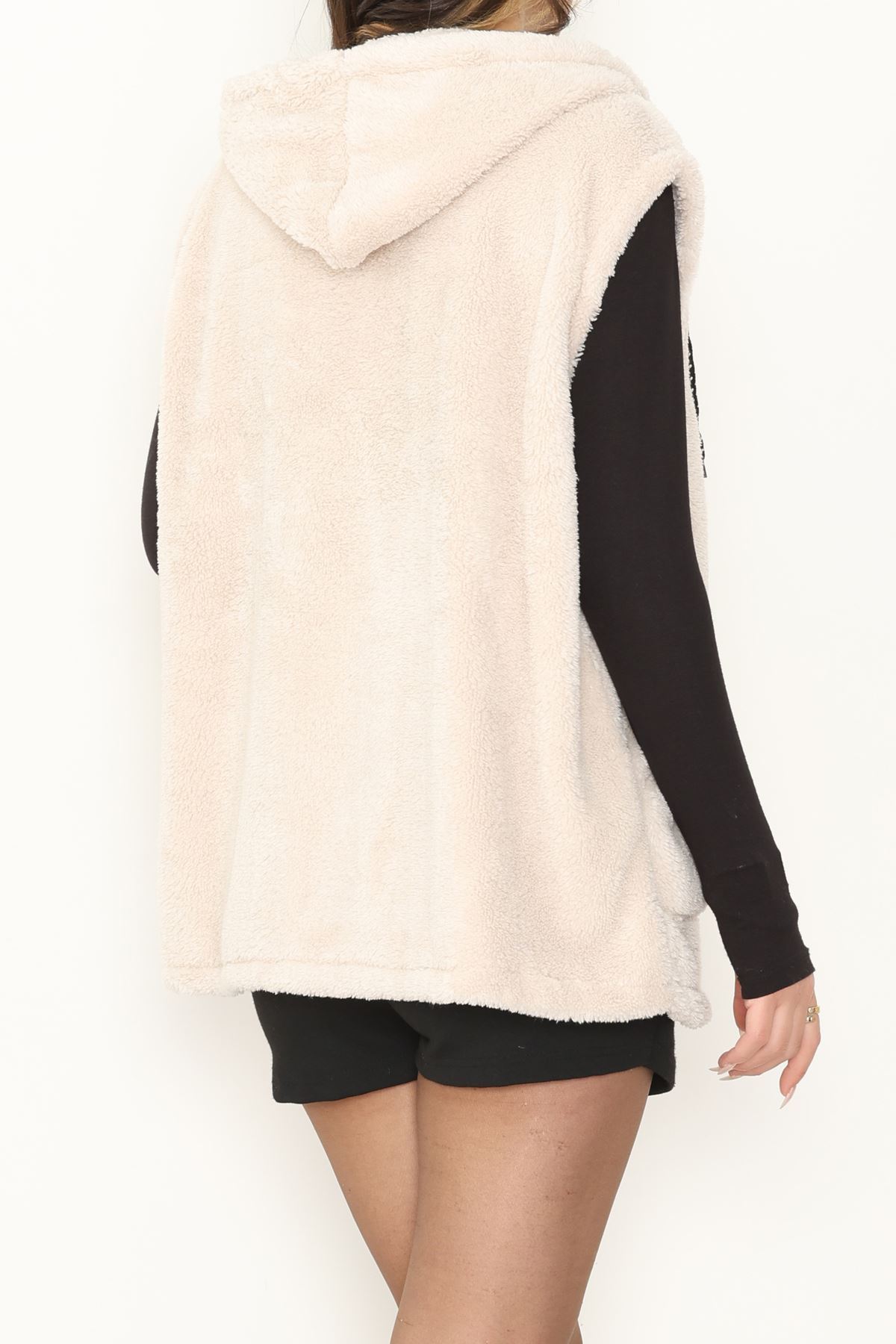 Fermuarlı Kapşonlu Peluş Yelek Taş - 51059.701.