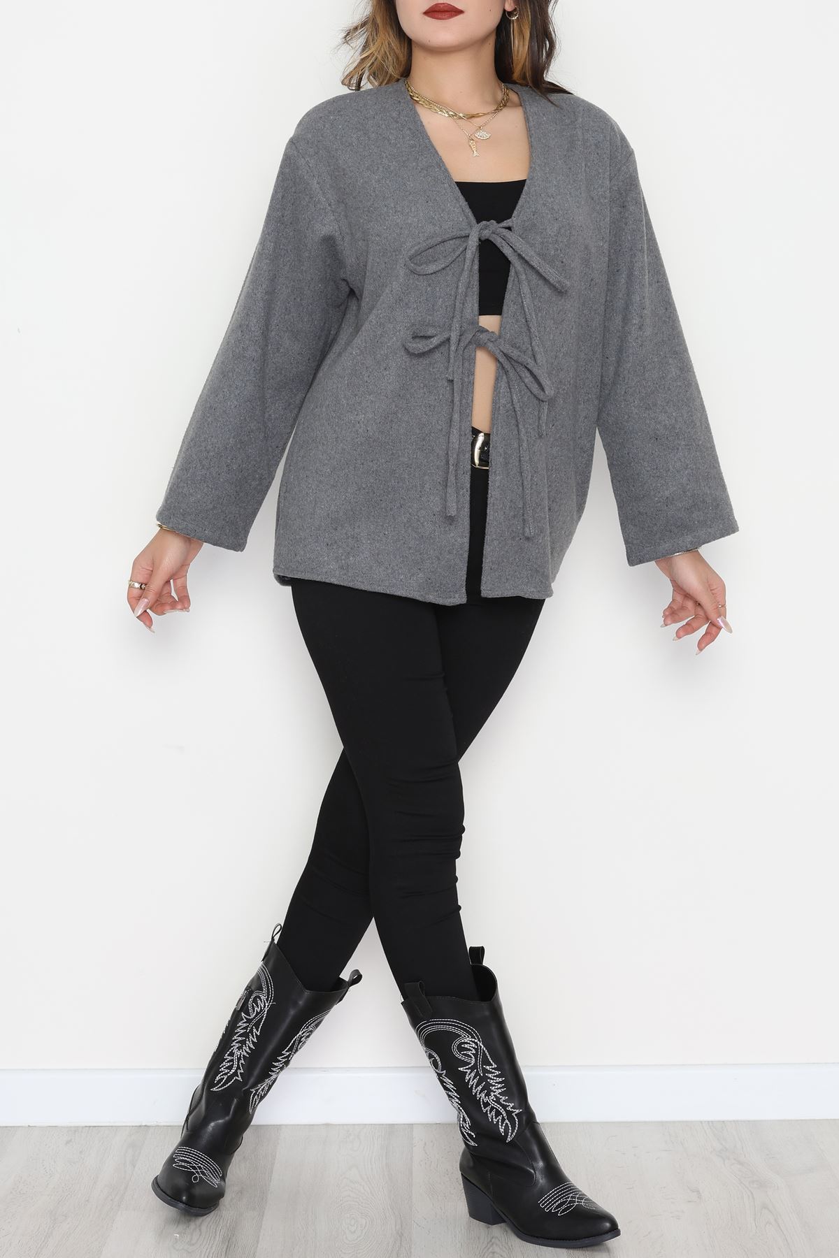 Önü Bağcıklı Kaşe Hırka Koyugri - 70995.1775.