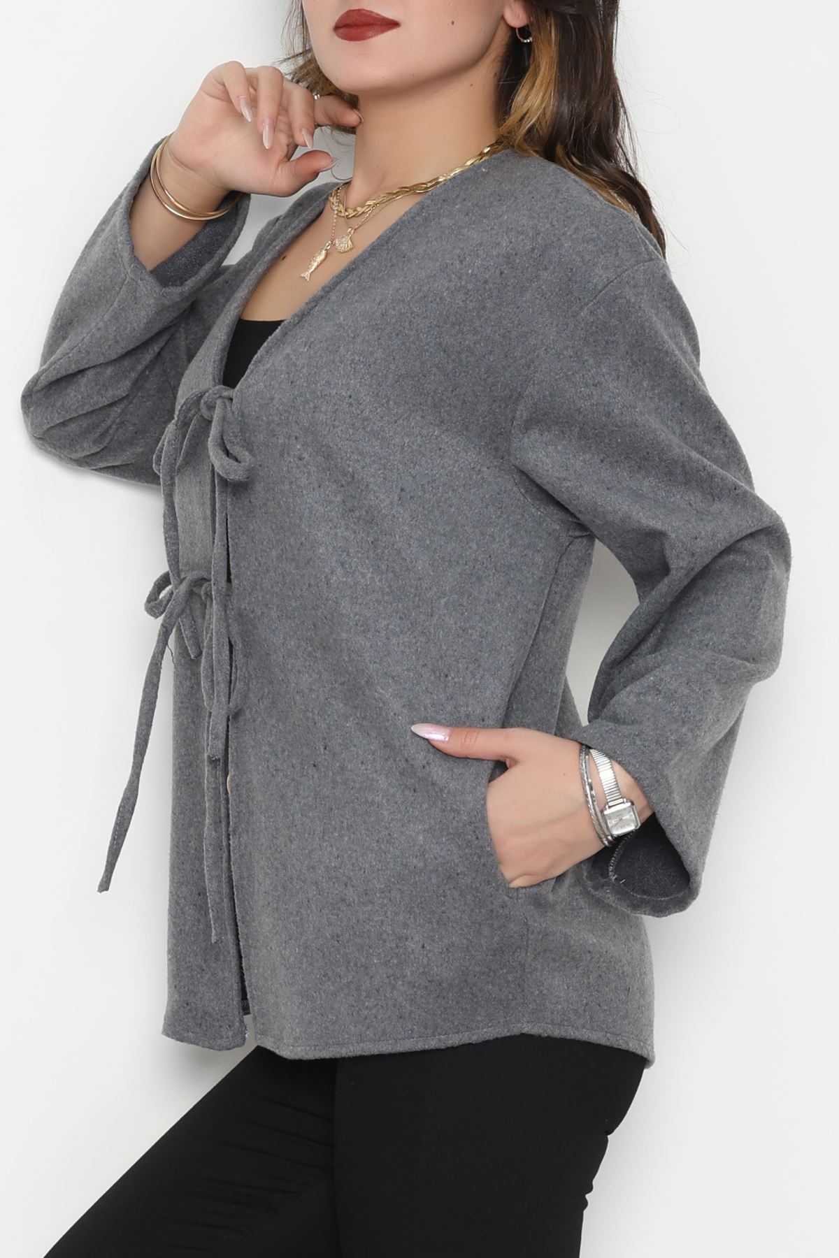 Önü Bağcıklı Kaşe Hırka Koyugri - 70995.1775.