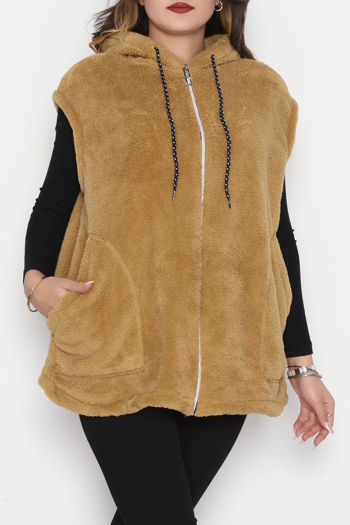 Fermuarlı Kapşonlu Peluş Yelek Camel - 51059.701.