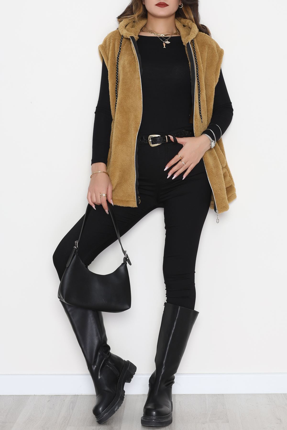 Fermuarlı Kapşonlu Peluş Yelek Camel - 51059.701.