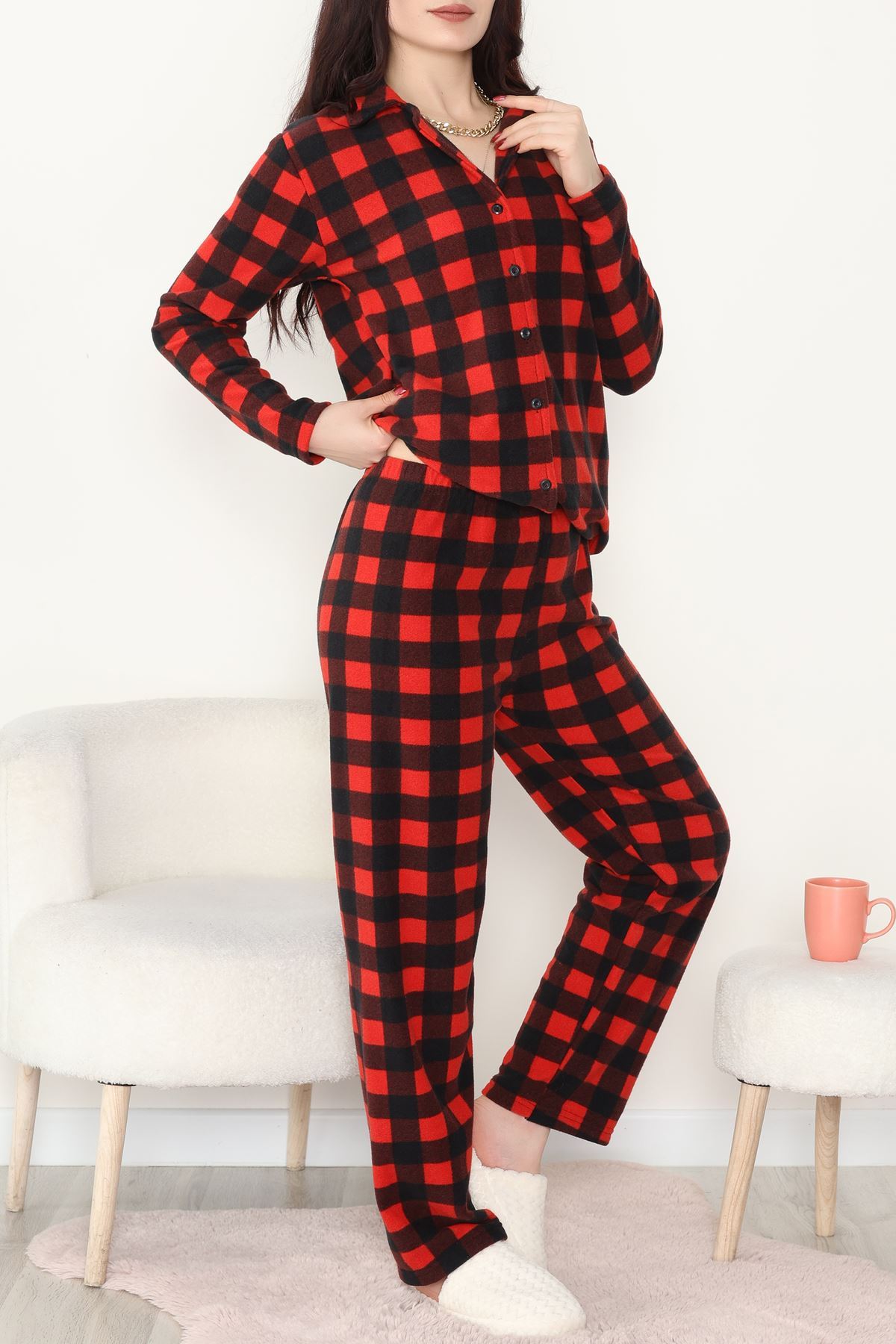 Önü Düğmeli Polar Takım Kırmızıekose - 451.1287.