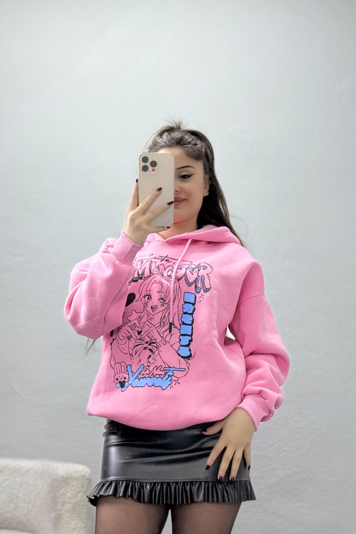 3 İplik Kapşonlu Baskılı Sweat Pembe - 42224.1878.