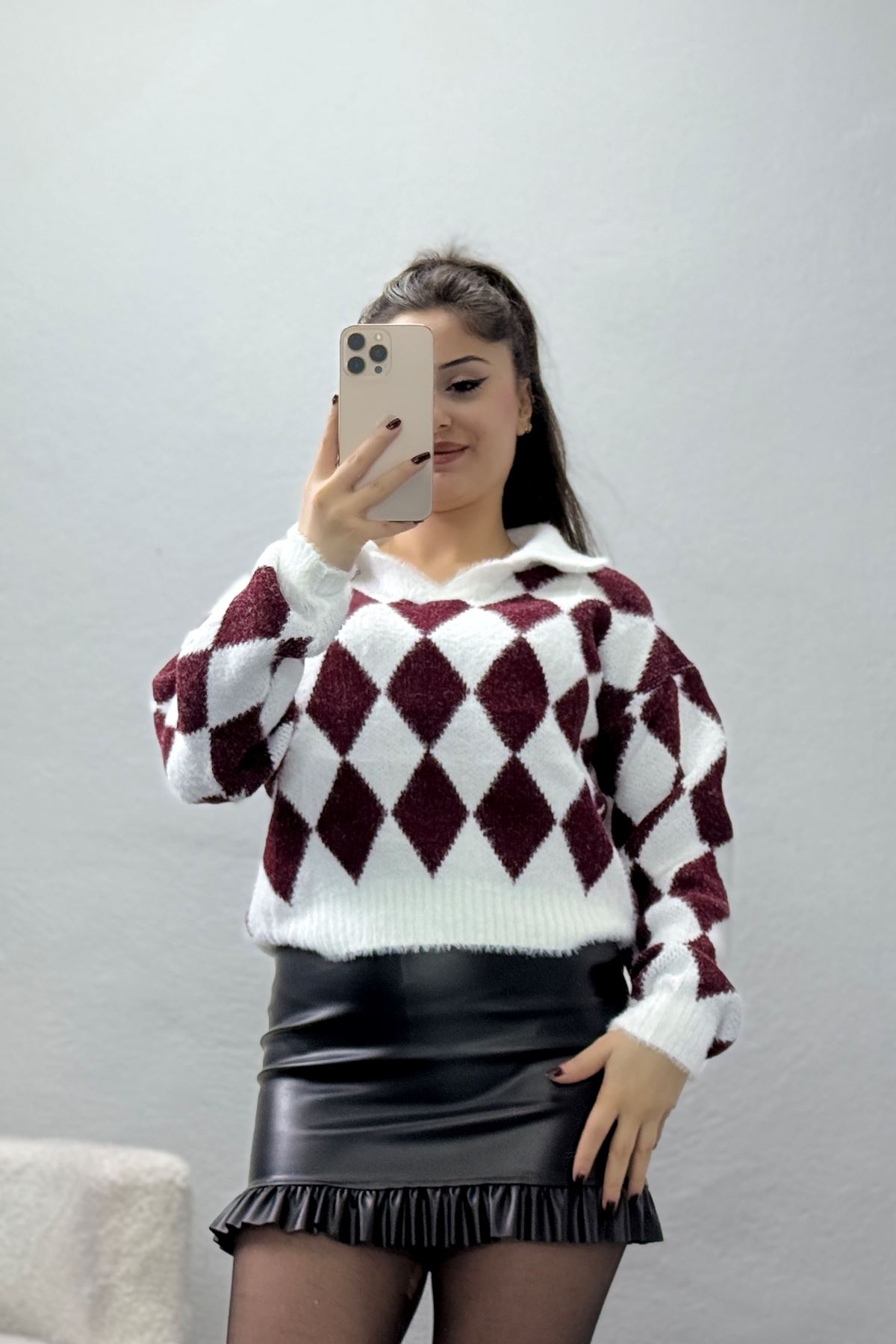 Baklava Desenli Triko Bordobeyaz - 51106.1765.