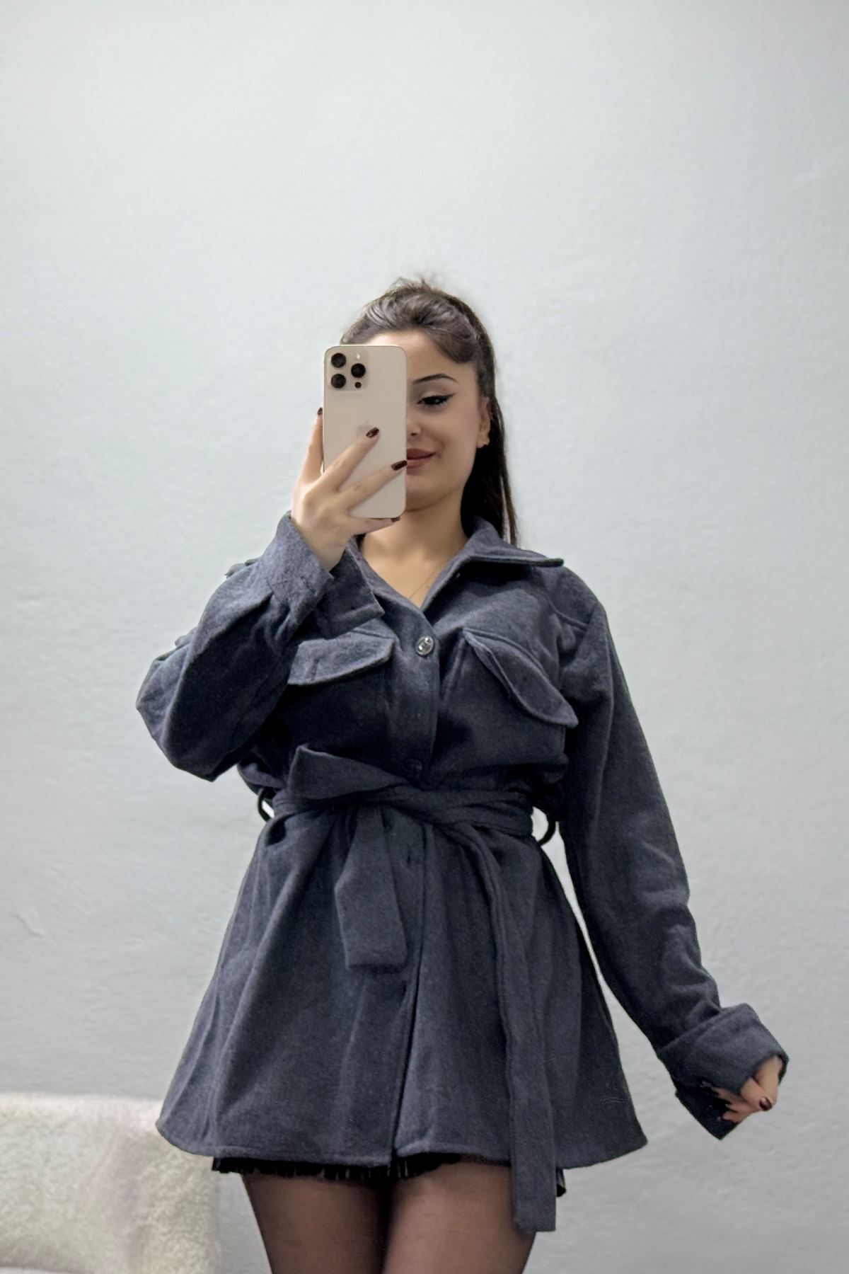 Çift Cepli Kuşaklı Tunik Gömlek Antrasit - 70991.1775.