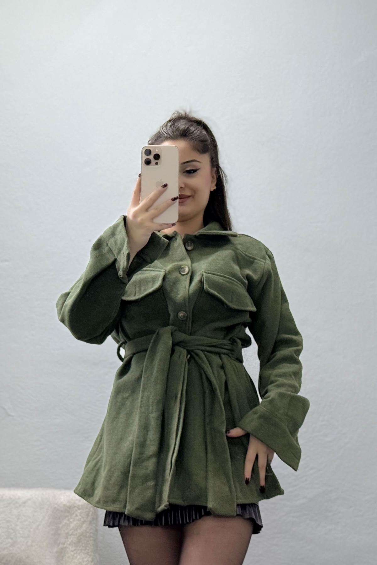 Çift Cepli Kuşaklı Tunik Gömlek Haki - 70991.1775.