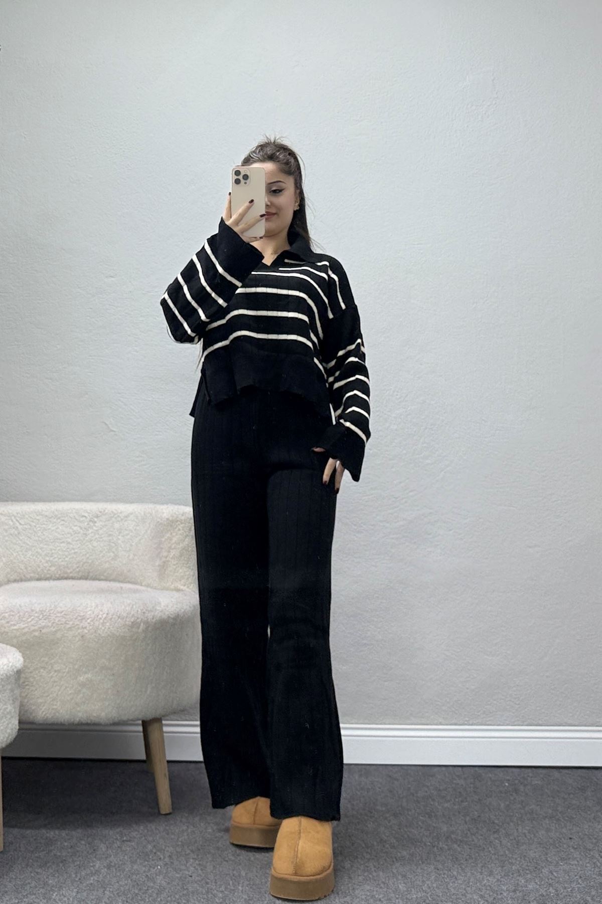 Çizgili Polo Yaka Takım Siyah - 2295.1247.