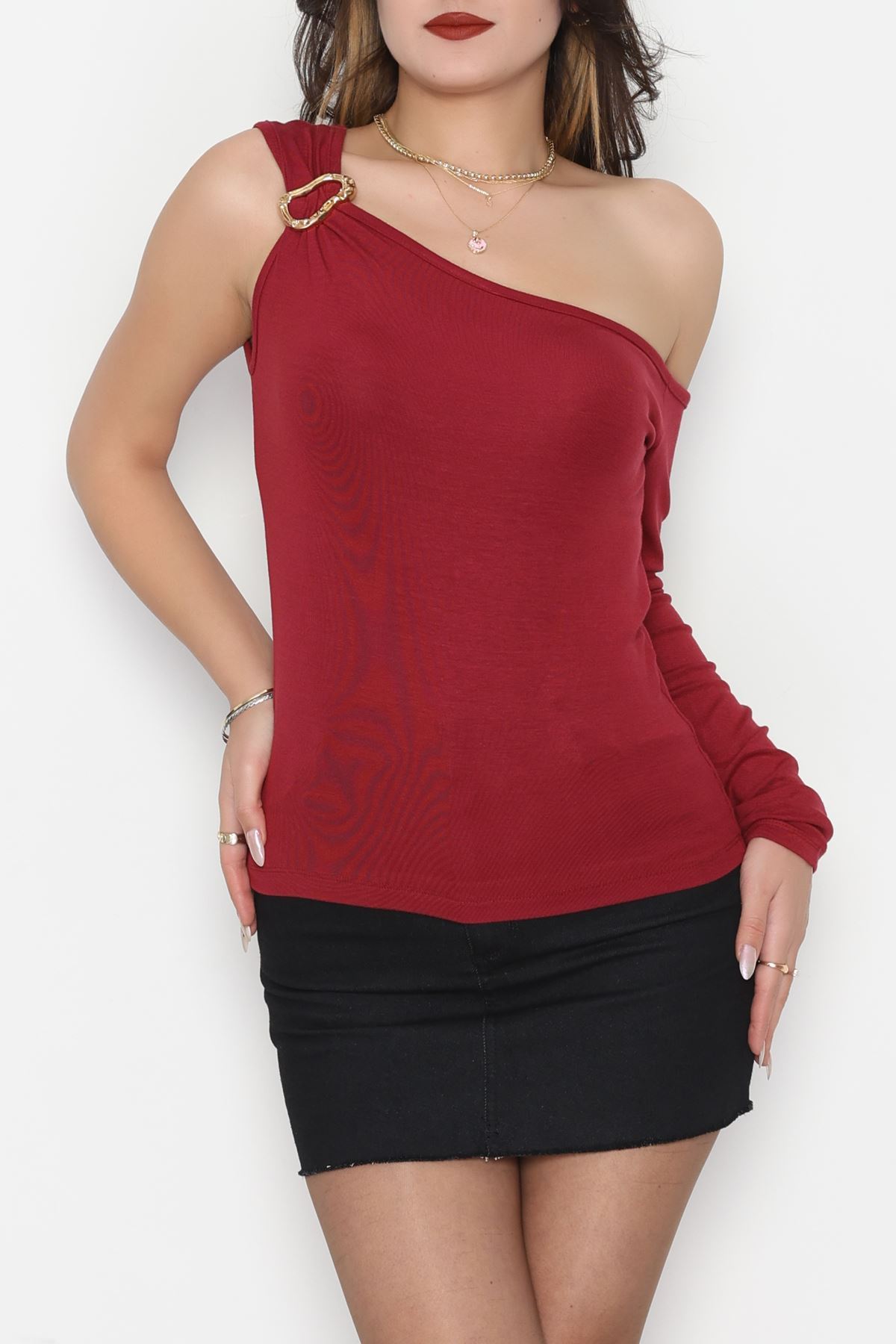 Buzzy Kumaş Tek Omuz Toka Detaylı Bluz Bordo - 1010.2119.